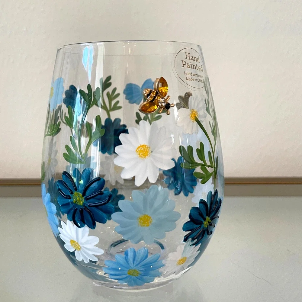 Hand Painted & Jeweled Stemless Wine Glass Blue Daisy Floral Bumblebee NEW